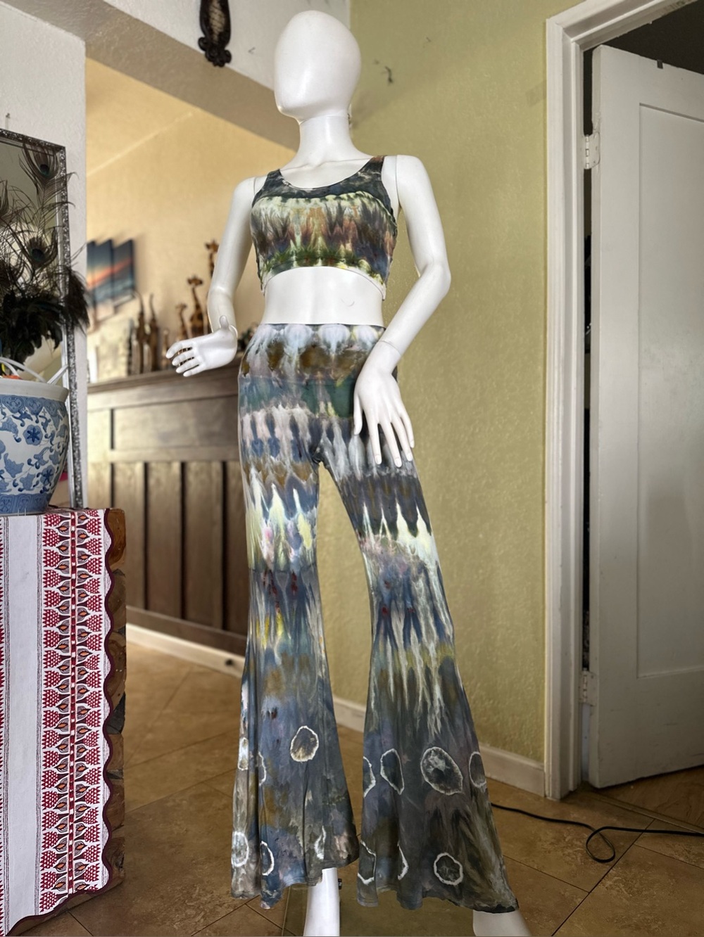 Tie-Dye Flare Pants & Crop Top Set in Olive Multi